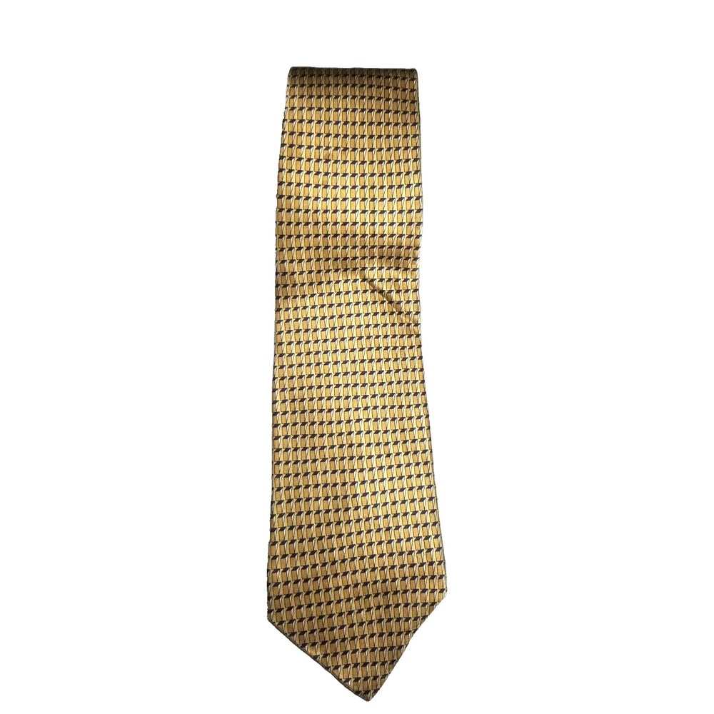 Umberto Bossi Gold‎ Tan Blue Geometric Pointed Silk Handmade Tie